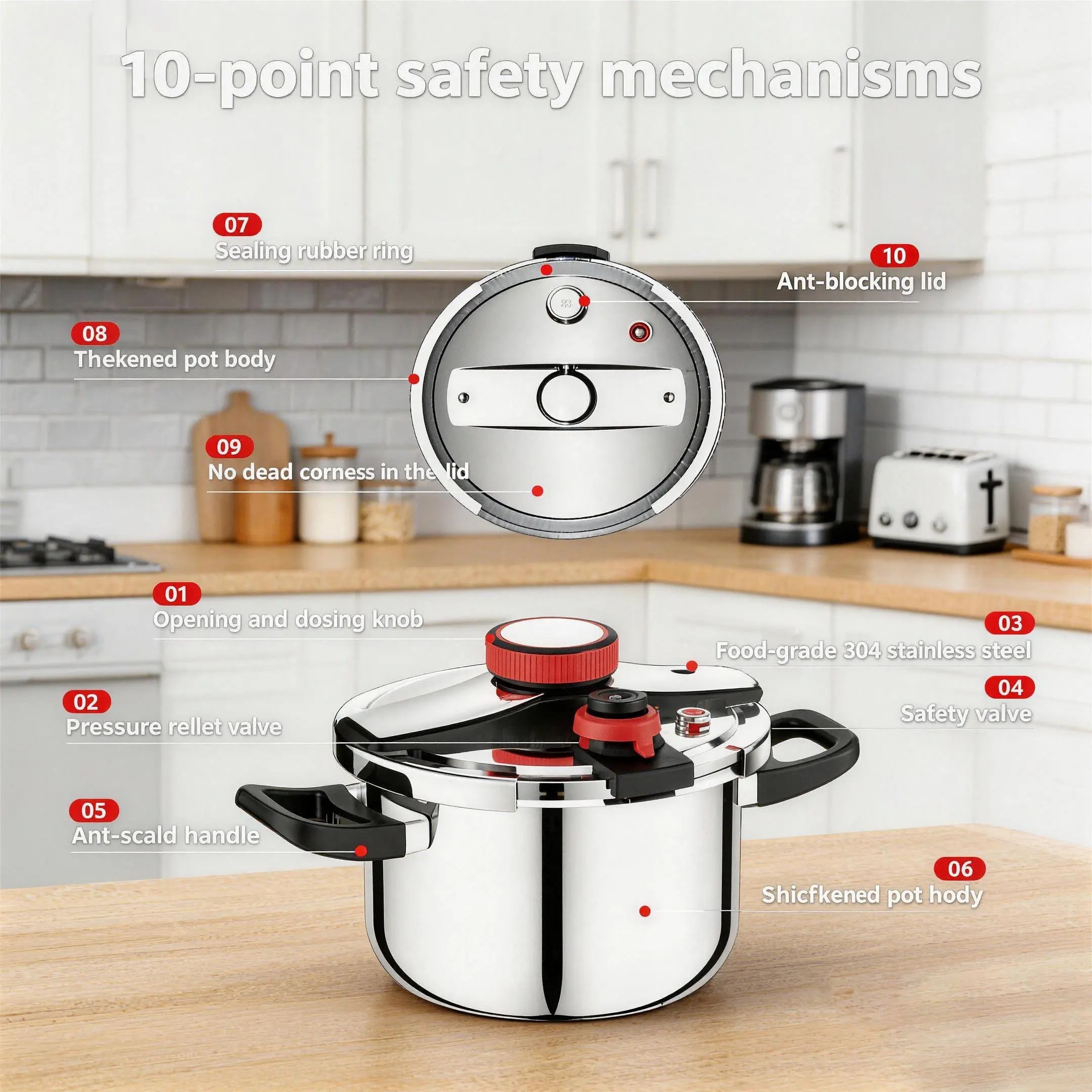 8 QT Sturdy Thick Food-Grade Stainless Steel Pressure Cooker - 1-Hand Lock Lid, Thermal, Fast Cooking, Induction-Ready Stovetop Kitchenware for Quick Weeknight Dinners & Batch Cooking
