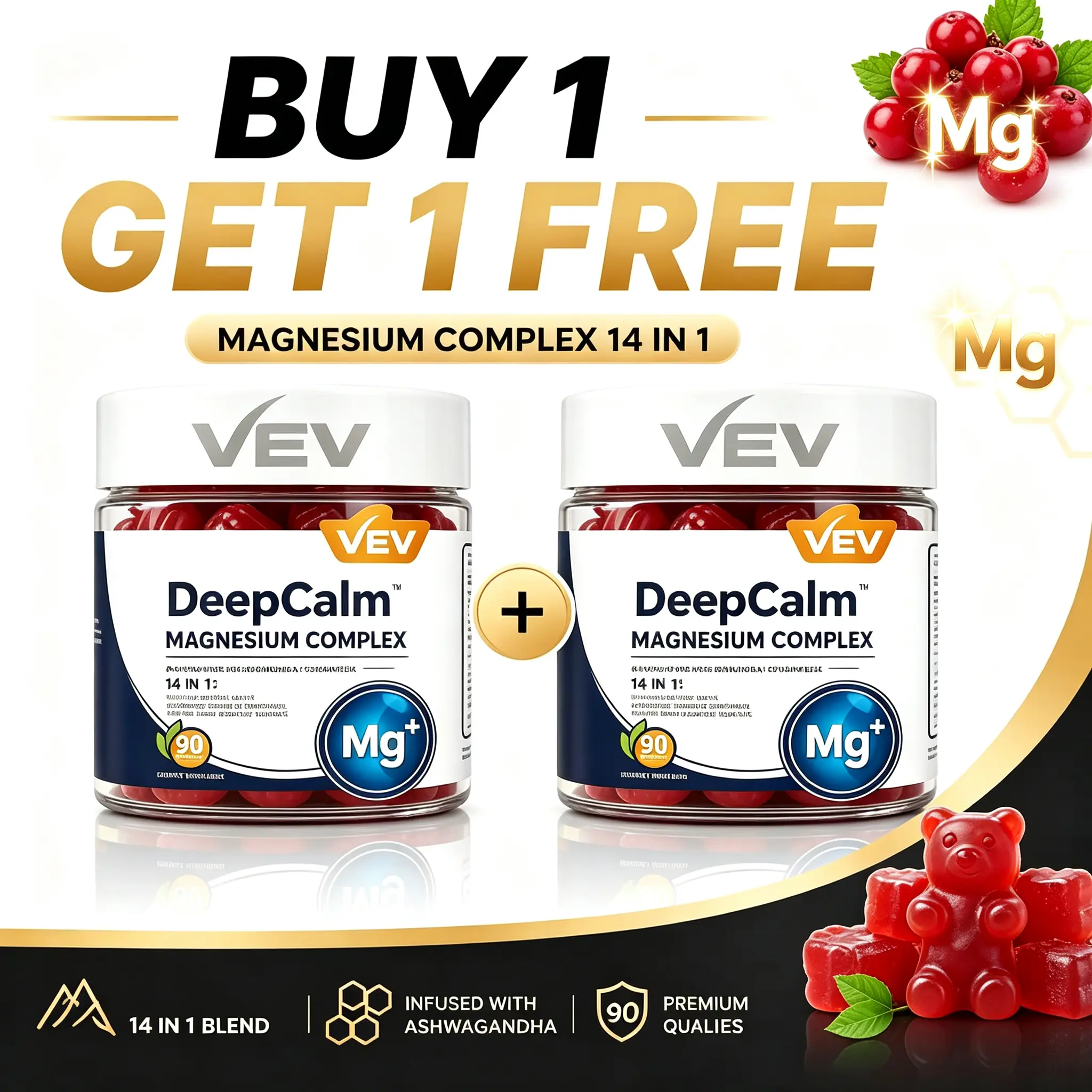 [Buy 1 Get 1 Free]VEV Magnesium Glycinate Complex DeepCalm 14-in-1 Gummies, Adaptogenic Support with Ashwagandha L-Theanine D3 Zinc, Cortisol Balance & Relaxation Chews for Adult Women, No Added Sugar Vegan Non-GMO 90 Gummies