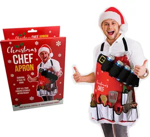 Christmas Chef Apron - Holds 6 Beers! 9 Large Pocket for Utensils - Holiday Gift