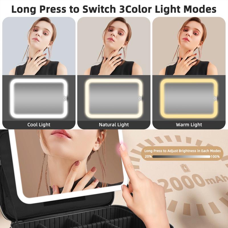 15''X11'' Large Makeup Bag With Removable Lighted Mirror, Professional Travel Makeup Train Case PU Leather Cosmetic Make Up Organizer With Adjustable Dividers & Brush Storage Board