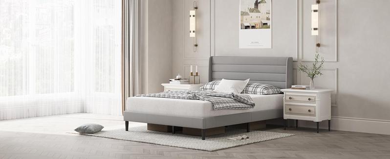 Queen Bed Frame with Modern Wingback Headboard Velvet Platform Solid Wood Slats No Box Spring Required Easy Assembly Light Beige Queen Bed Frame with Modern Wingback Headboard Velvet Platform Solid Wood Slats No Box Spring Required Easy Assembly Light Beige