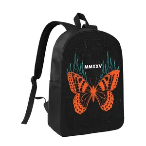 Butterfly Print Schoolbag - Lightweight Large Capacity Backpack with Adjustable Shoulder Straps, Durable Casual Style for Boys & Girls, Black with Orange & Blue Butterfly Design, Backpack for School, Everyday Use, Butterfly Motif, Sturdy Construction, For