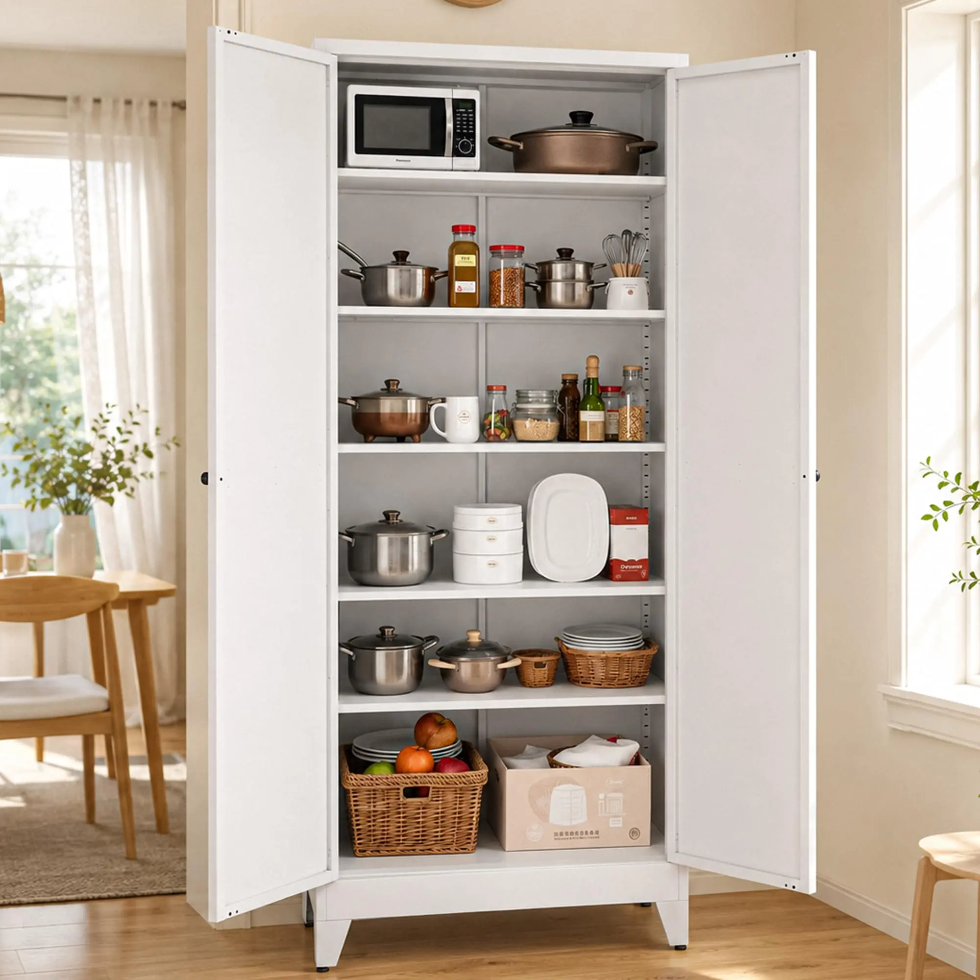 Metal Frame Single Unit Pantry Cabinet - Indoor Storage Cupboard with 2 Doors, Adjustable Shelves, Gold Handles, Multiple Heights (47in, 61in, 75in) for Kitchen, Bathroom