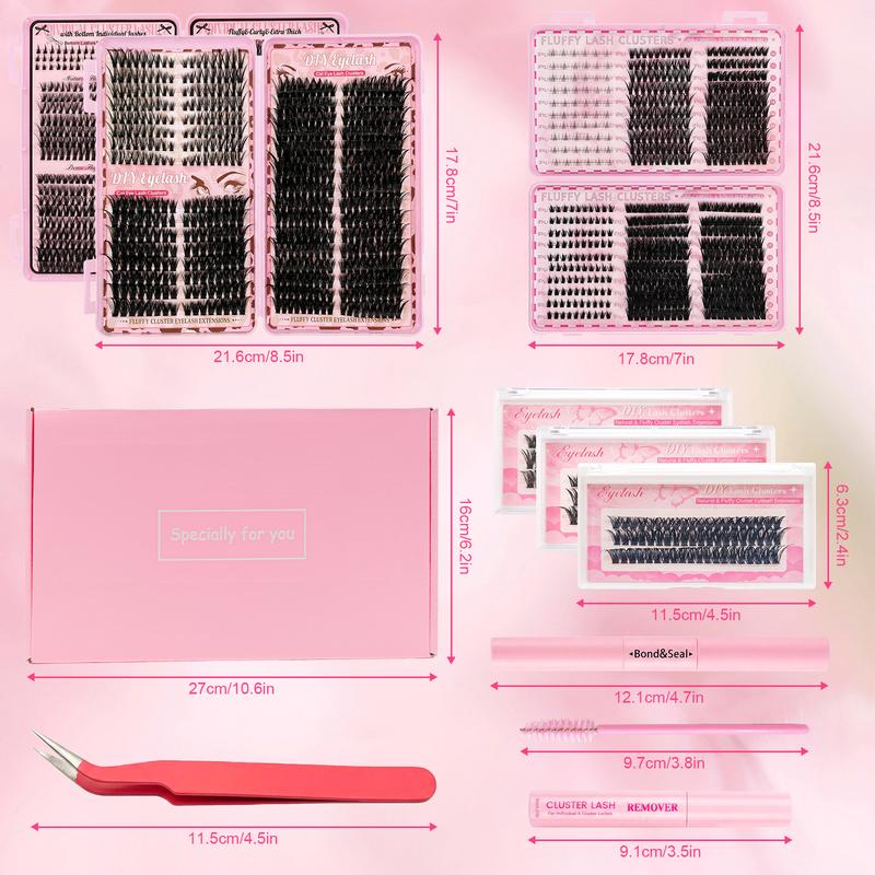 Cluster Lash Extension Gift Set, 30D 40D 60D 80D 100D Natural Styles Cat Eyes Extra Volume, Soft & Lightweight, with Bond & Seal, Remover, Tweezers, Brush, Easy DIY Eyelashes at Home, Salon Look at Home, Long-Lasting Glamorous Effection Valentine's Day