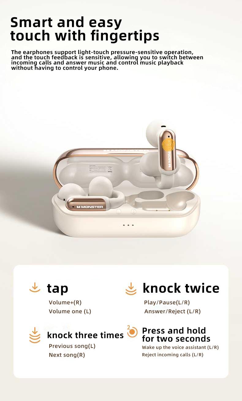 Monster Clip-On Open-Ear Wireless Earbuds, Bluetooth 5.4 Headphones with ENC Noise Cancelling Mic, Ultra-Light Secure Fit, Small-Ear Friendly, Stable Comfort for Sports, Running & Workouts, Hi-Fi Stereo Sound, 40H Playtime,– New Year Gifts for Men & Women Monster Clip-On Open-Ear Wireless Earbuds, Bluetooth 5.4 Headphones with ENC Noise Cancelling Mic, Ultra-Light Secure Fit, Small-Ear Friendly, Stable Comfort for Sports, Running & Workouts, Hi-Fi Stereo Sound, 40H Playtime,– New Year Gifts for Men & Women