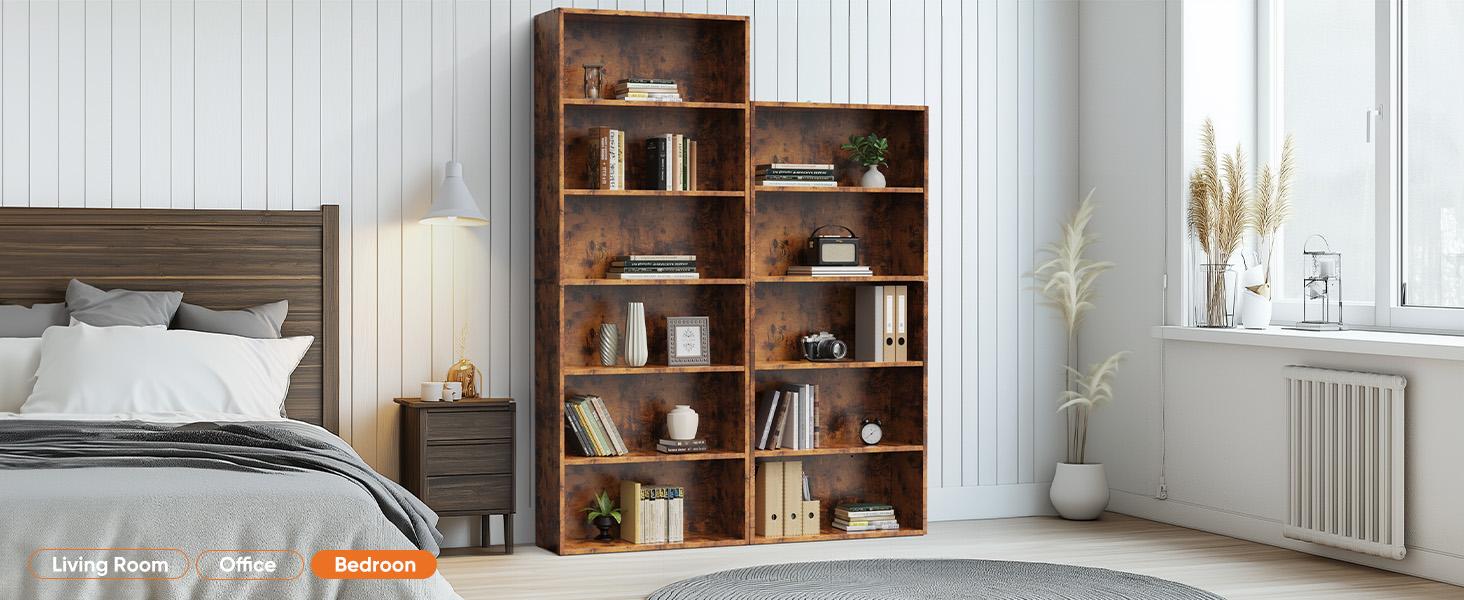 Sweet Furniture F 5/6 Shelf Bookcase Open Industrial Bookshelf Large Storage Floor Standing 53 Inch Tall Bookcase for Home Office, Living Room, Bed Room