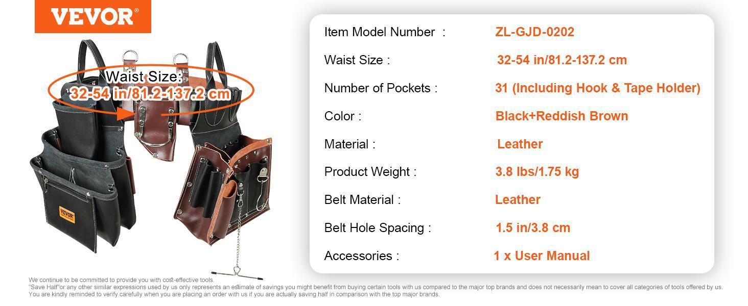 VEVOR Tool Belt, TikTokShopBlackFriday, 31 Pockets, Adjusts 32 Inches to 54 Inches, Leather Heavy Duty Tool Pouch Bag, Detachable Tool Bag for Electrician, Carpenter, Handyman, Woodworker, Construction, Black/Brown
