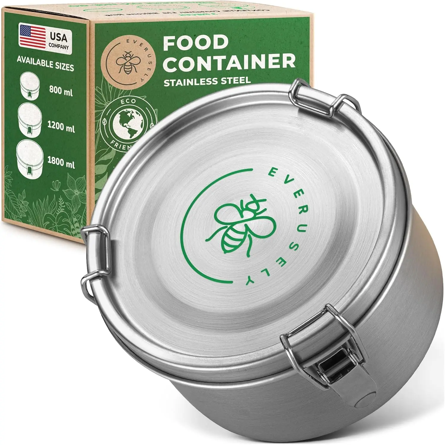 EVERUSELY 40oz Stainless Steel Food Keeper, Food-Grade Anti-Rust Airtight Leakproof BPA-Free Stackable Storage Containers with Clamp Lid, Oven-Safe Reusable for Kitchen Meal Prep, Fridge Organization, Minimizes Carbon Footprint, Food Container, Round