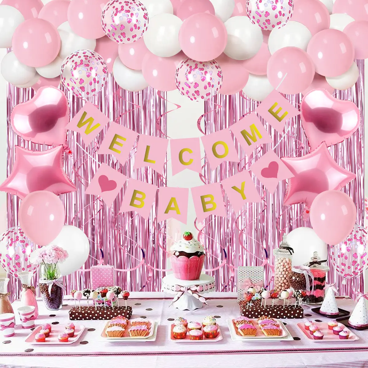Pink Welcome Baby Girl Balloon Garland Kit, Baby Shower Decorations with Banner, Foil Balloons, Confetti Balloons and Tinsel Curtain Backdrop for Newborn Gender Reveal Party Supplies