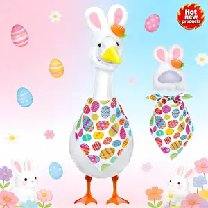 2-Piece Easter Bunny Porch Goose Outfit Set - Bunny Ears & Saliva Towel for 17/23 Inch Decorative Geese | Spring Lawn Garden Statue Decor