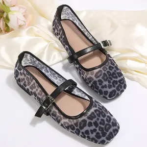 Women's Leopard Print Mesh Ballet Flats Square Closed Toe Flat Shoes For Outdoor Indoor Wear Springfresh