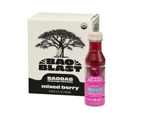 BaoBlast Mixed Berries : 100% Organic Baobab Juice with Acacia Gum Probiotics for Digestive and Gut Health, Infused with Apple and Blackberries, Raspberries Juice (Pack of 6) 12 fl OZ.