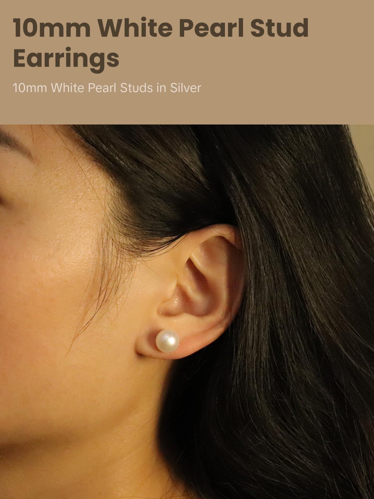 White Freshwater Pearl 10mm Stud Earrings, 925 Sterling Silver, Minimalist Earrings for Daily Wearing