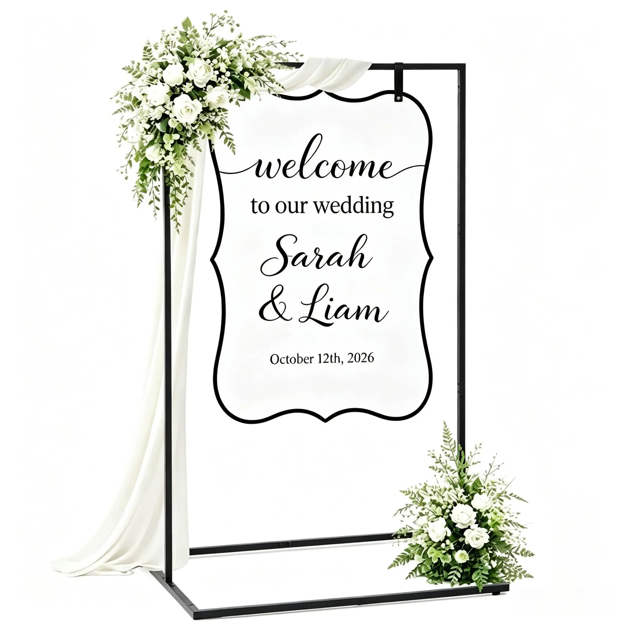 Black Adjustable Welcome Sign Metal Easel Stand - 4.2-5.6ft Minimalist Holder with Leather Straps, Height-Adjust Artwork Display for Wedding Party Decor (2 Sizes Available)