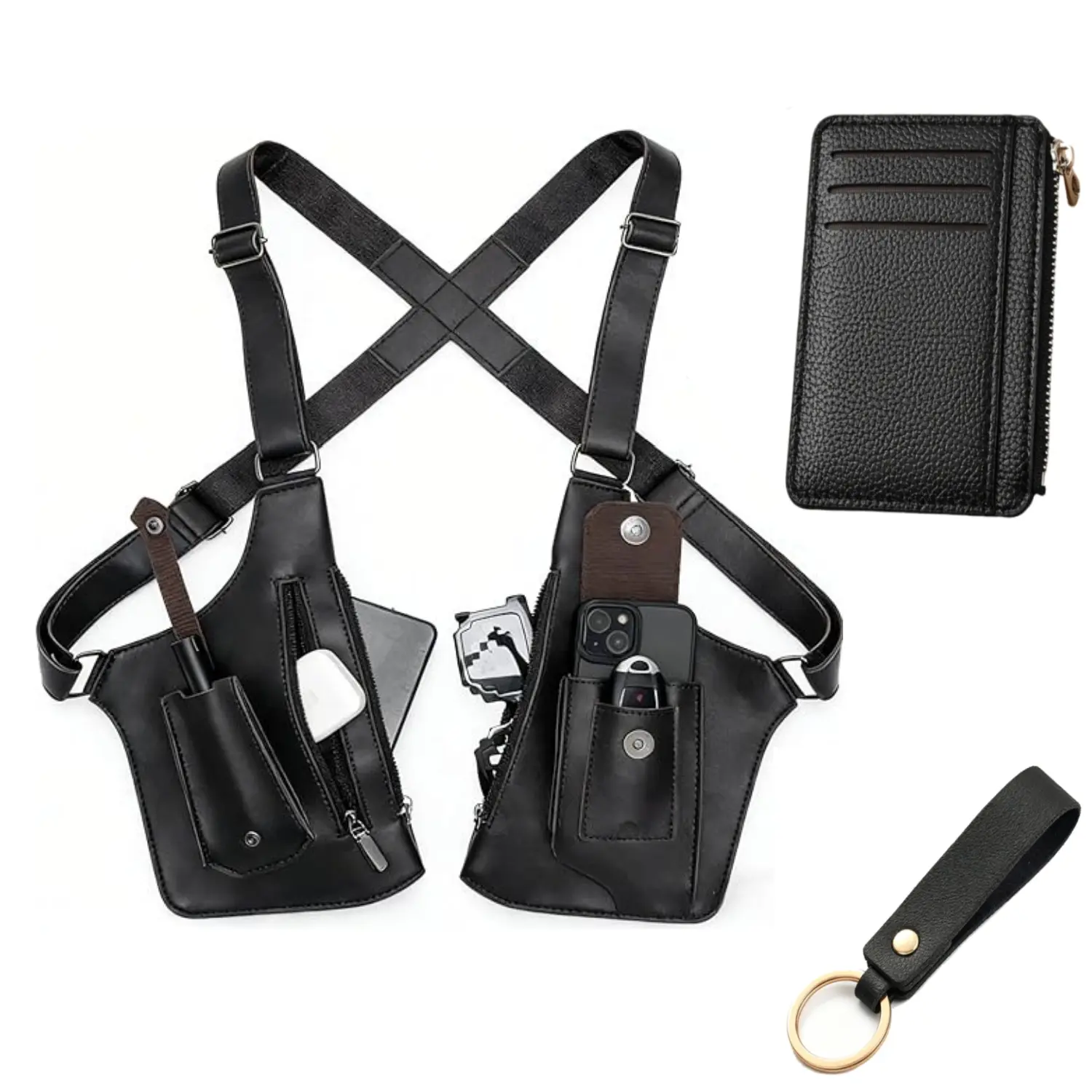 Men's 3-Pcs Waterproof PU Leather Double-Shoulder Armpit Holster Bag, Leisure Hidden Carry Anti-Theft Fashion & Utility Design, Adjustable Strap, Phone & Wallet Pockets for Home Improvement & Daily Commute