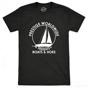 Unisex "Prestige Worldwide Presents Boats & Hoes" Funny Sailboat Graphic T-Shirt | Step Brothers Movie Quote Humor Tee, Casual Cotton Shirt for Comedy Fans, Boating Enthusiasts and Sassy Guys & Gals
