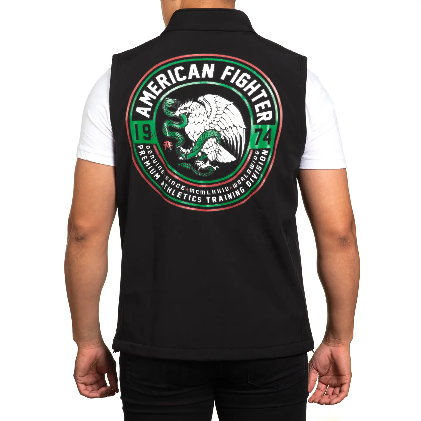 American Fighter Men's Vest, El Paso Waterbase Graphic Full-Zip, All Seasons Bonded Nylon-Fleece, Waterbase Print, Cold Wash, El Paso Vest, Fleece-Nylon, Nylon Bonded To Polar Fleece, Refer To Sizing Chart