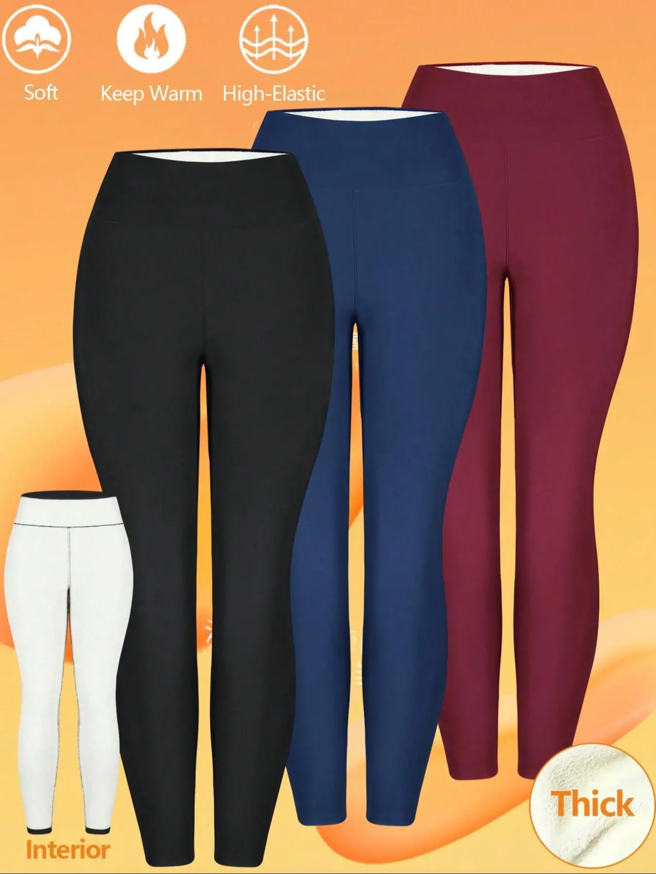 Women's 3-Piece Winter Fleece-Lined Thermal Leggings, High-Waisted Warm Long Pants, Sporty Casual Basic Minimalist Daily Wear, Thick, Soft and Comfortable, Fleece Lining, Womenswear, Fit