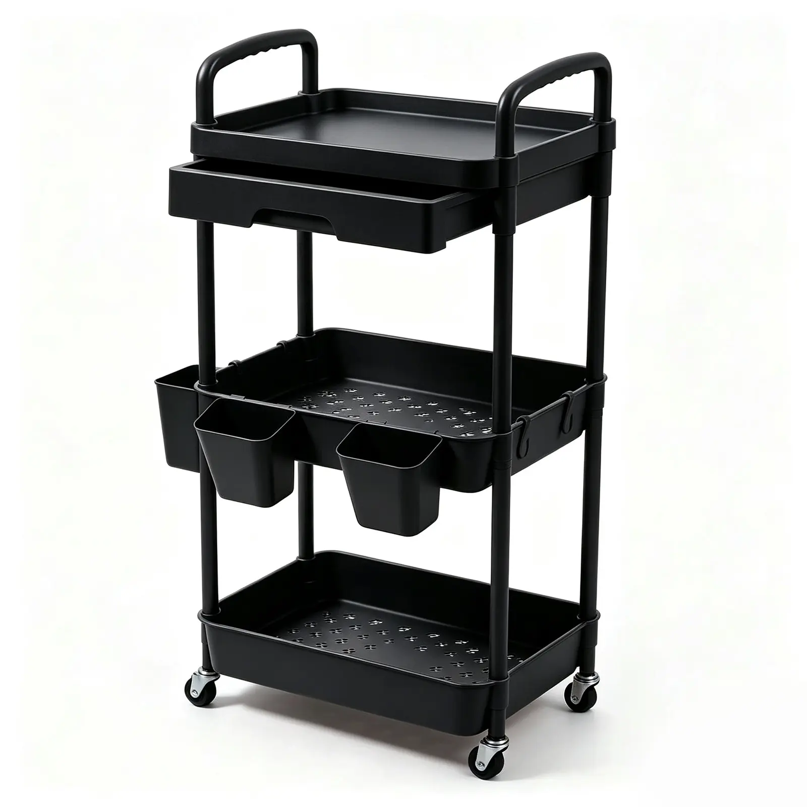 3-Tier Rolling Plastic Utility Cart - Home Organizer Storage Rack with Wheels, Handle, Hanging Cups, Hooks for Kitchen, Office, Bathroom (Black/Pink), Racks