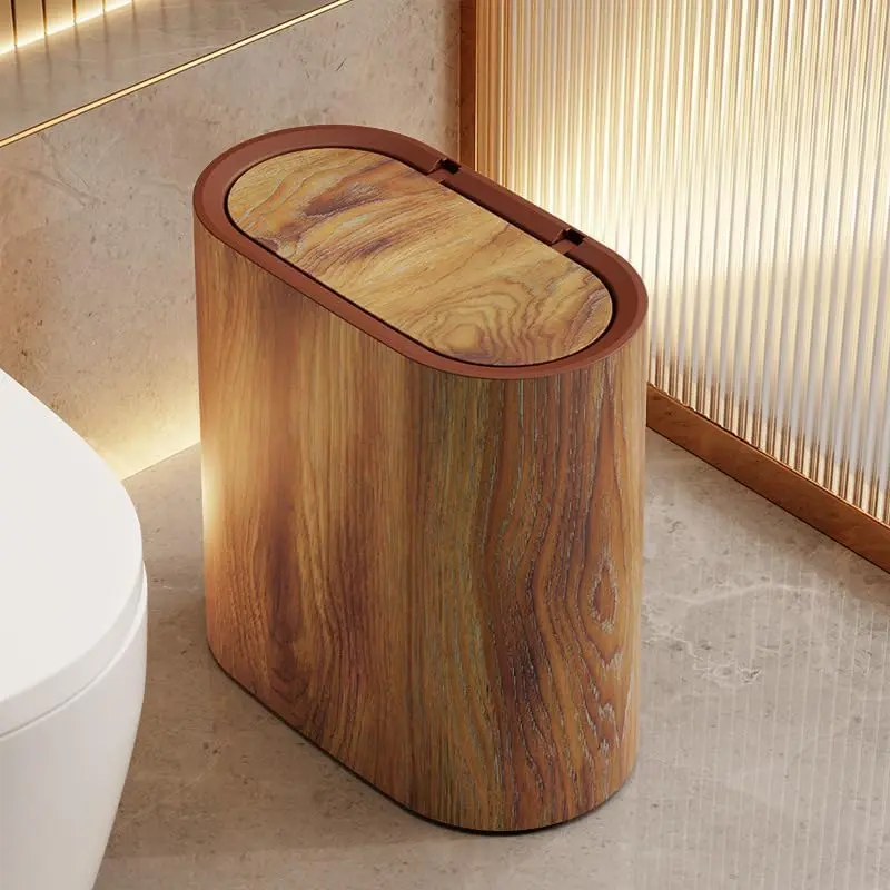 3.7 Gal Durable Double-Bucket Plastic Trash Can with Push-On Lid - Marble & Wood Grain Design, Odor-Proof, Waterproof, Removable Handles, Narrow Universal Wastebasket for Bathroom, Home Storage, White Mock Wood Finish, 3.7 Gallon