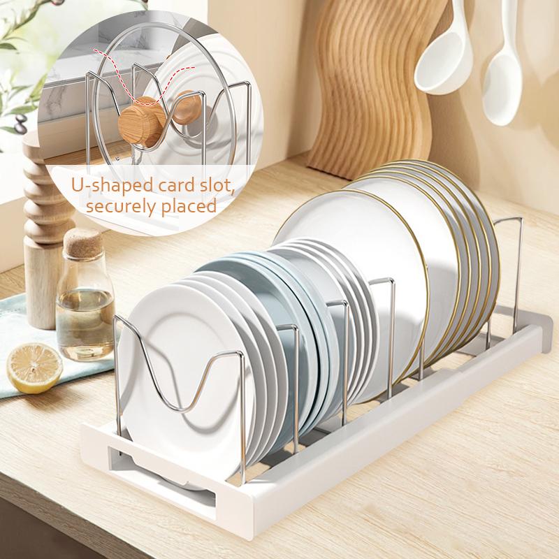 Multi-Functional Telescopic Kitchen Storage Rack - Expandable Kitchenware Storage Rack, Cabinet Cookware Rack, 7 Adjustable Compartments and Pot Cover Brackets, Plate Storage Rack, Cabinet Storage Rack for Pots, Utensils, Lids, and Baking Utensils
