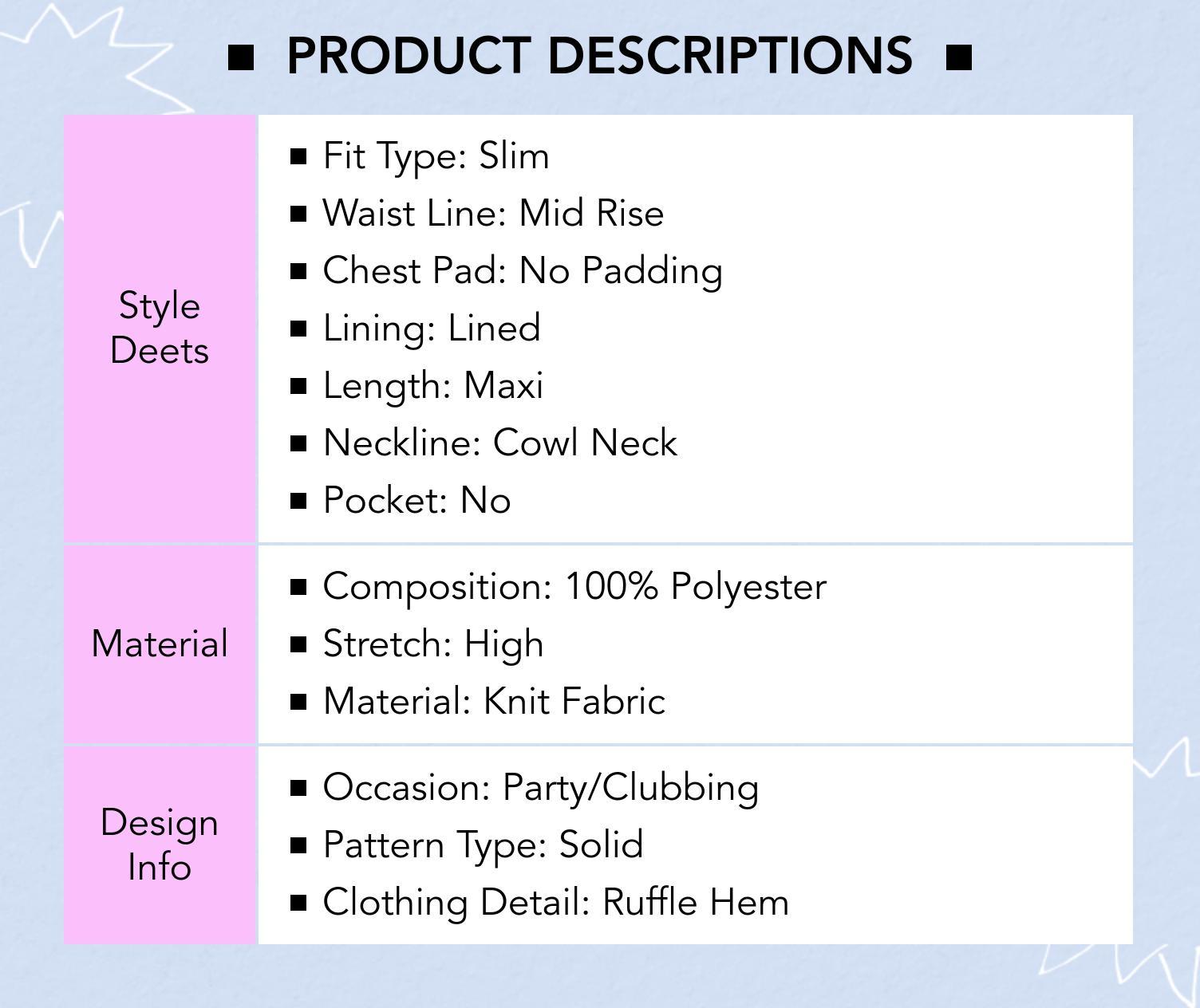 Cider Cowl Neck Solid Glitter Ruffle Hem Maxi Dress Evening Party Vacation Dress