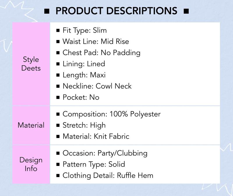 Cider [6 colors, size 0-26] Cowl Neck Solid Glitter Ruffle Hem Maxi Dress