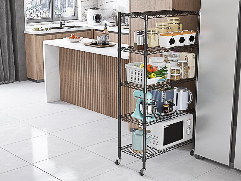 5-Tier Wire Shelving Unit on Wheels, Garage Storage Rack, Metal Shelves with Wheels, Rolling Shelving for Kitchen, Pantry, Move at Will, Super Load-bearing Capacity 900lbs Bookshelf Organizer Stand Black