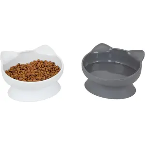 Elevated Cat Bowls (Set of 2), Whisker-Friendly Raised Cat Food & Water Dishes, Modern Pedestal Design, Dishwasher Safe, 10.8 oz Each – White & Gray