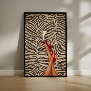 Red Heels & Martini Poster, Bold Zebra Pattern Wall Art, Retro Glam Fashion Print For Chic Interiors