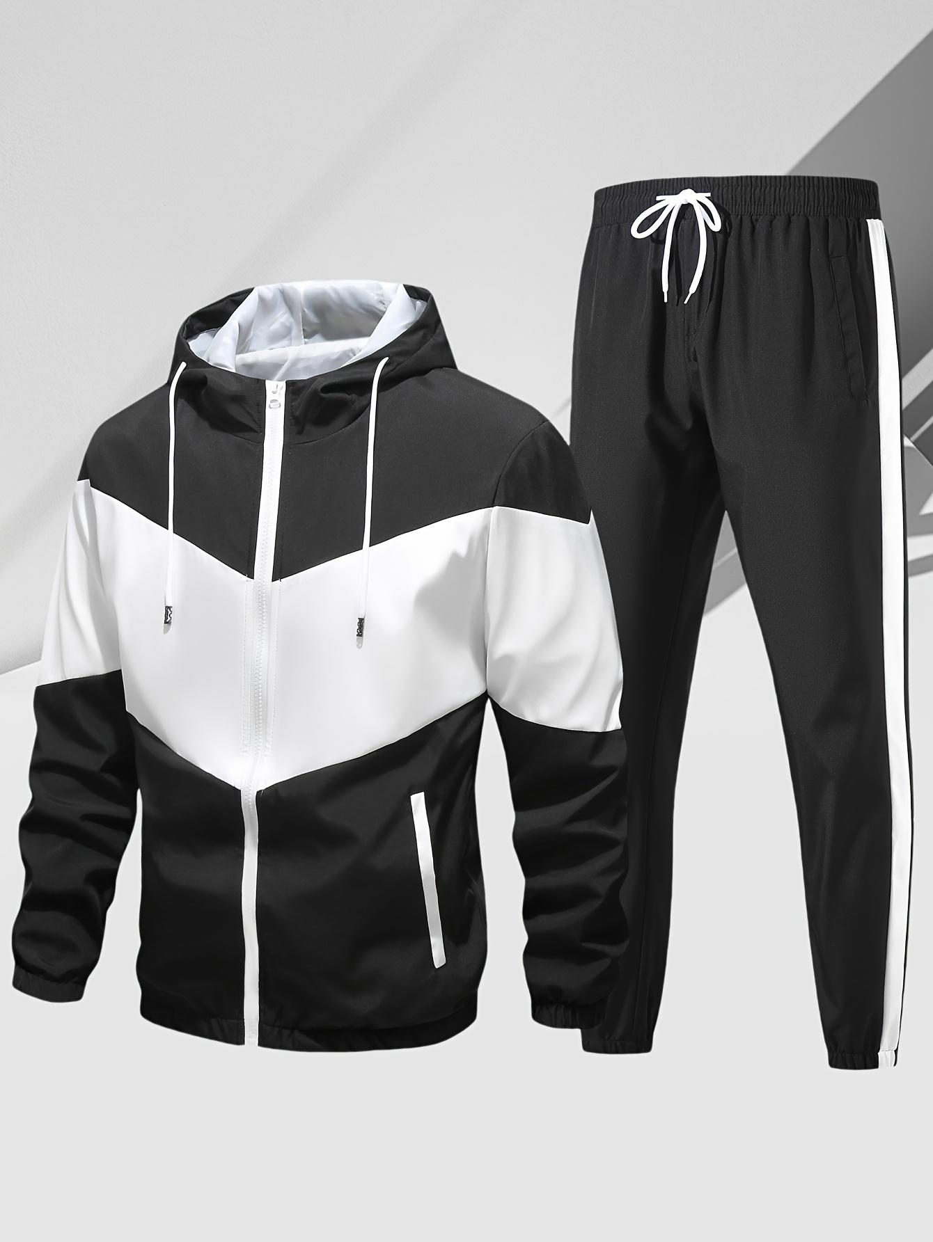 Men's Retro Color Block Splicing Sports Set Zipper Hoodie Combination, Streetwear