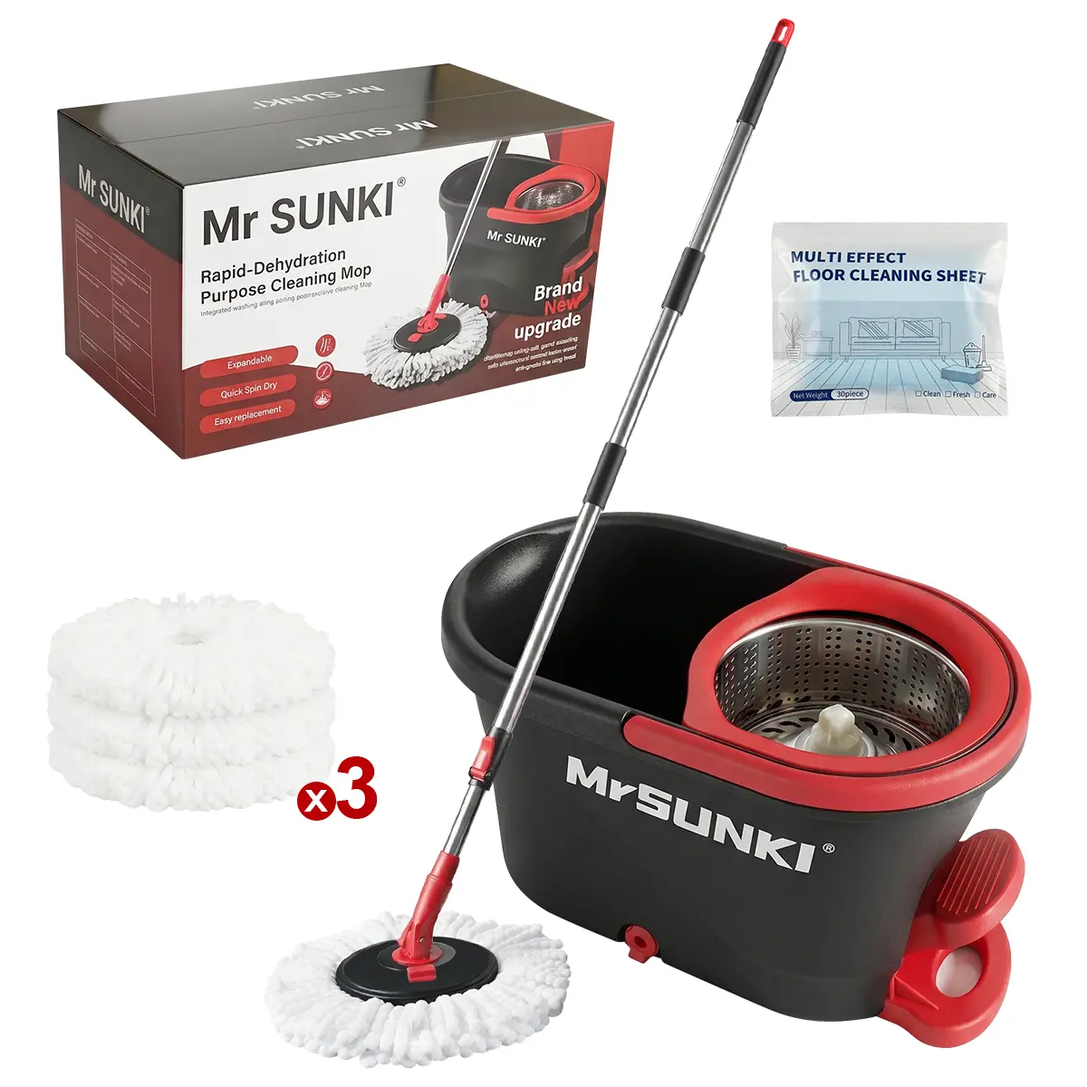 Bucket Set with Foot Pedal and Spin Mop, 5L Large Capacity Stainless Steel Wringer System, 60" Extendable No-Bending Handle, Hands-Free Mop Head Replacement, Includes 3 Refills & 30 Cleaning Sheets, Polyester, Sturdy