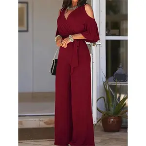 Women'S Elegant V-Neck Strapless Tie-Waist Solid Color Polyester Jumpsuit, All-Season Vacation Style Knit Fabric Wide Leg Romper  Black Long Sleeve