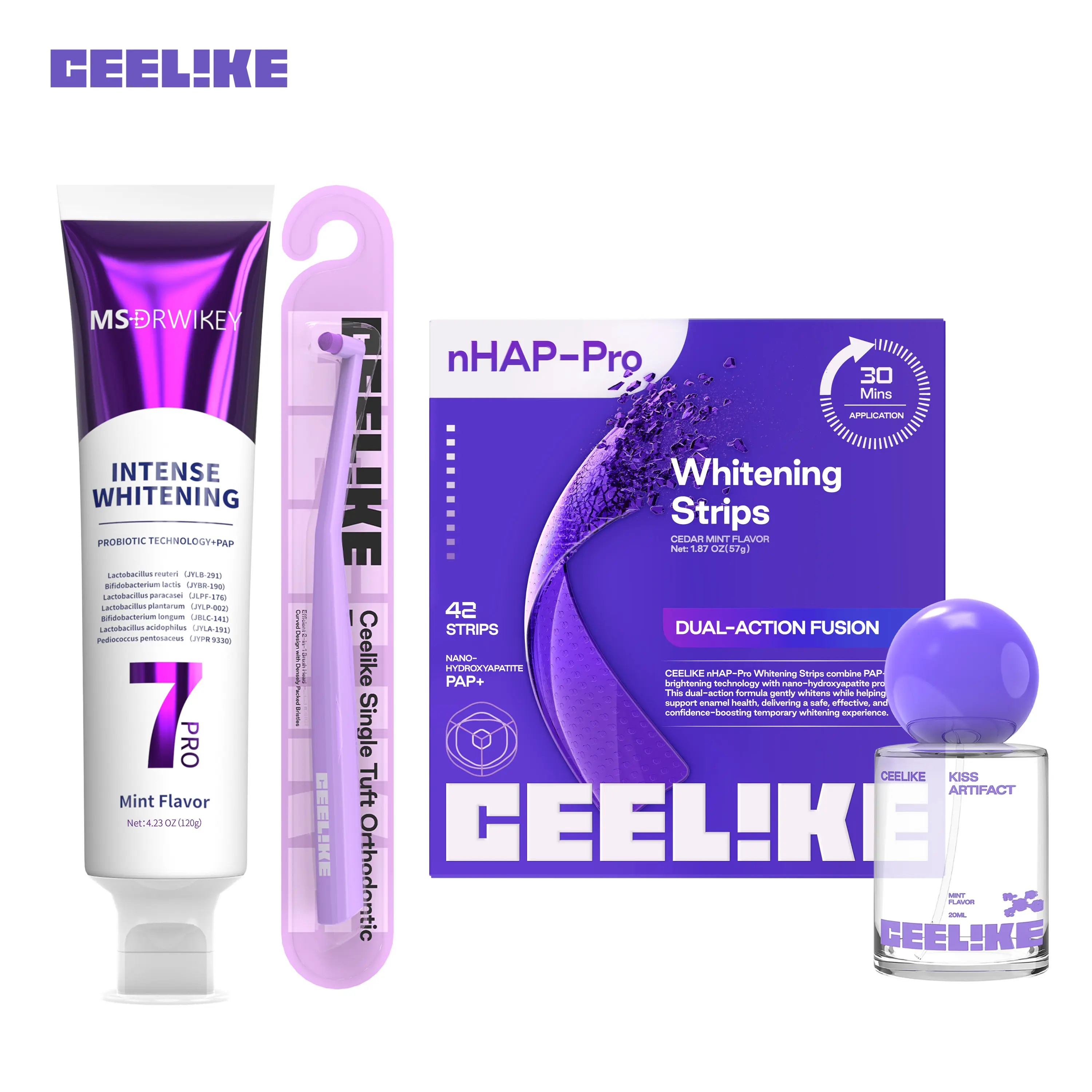 CEELIKE Teeth Brightening Kit, 4-Piece Dental Cleaning Kit with Nano-Hydroxyapatite, Includes 42 Purple Whitening Strips (21 Treatments), Toothpaste, Oral Spray & Toothbrush, Remineralizing Spray Oral Care Kits