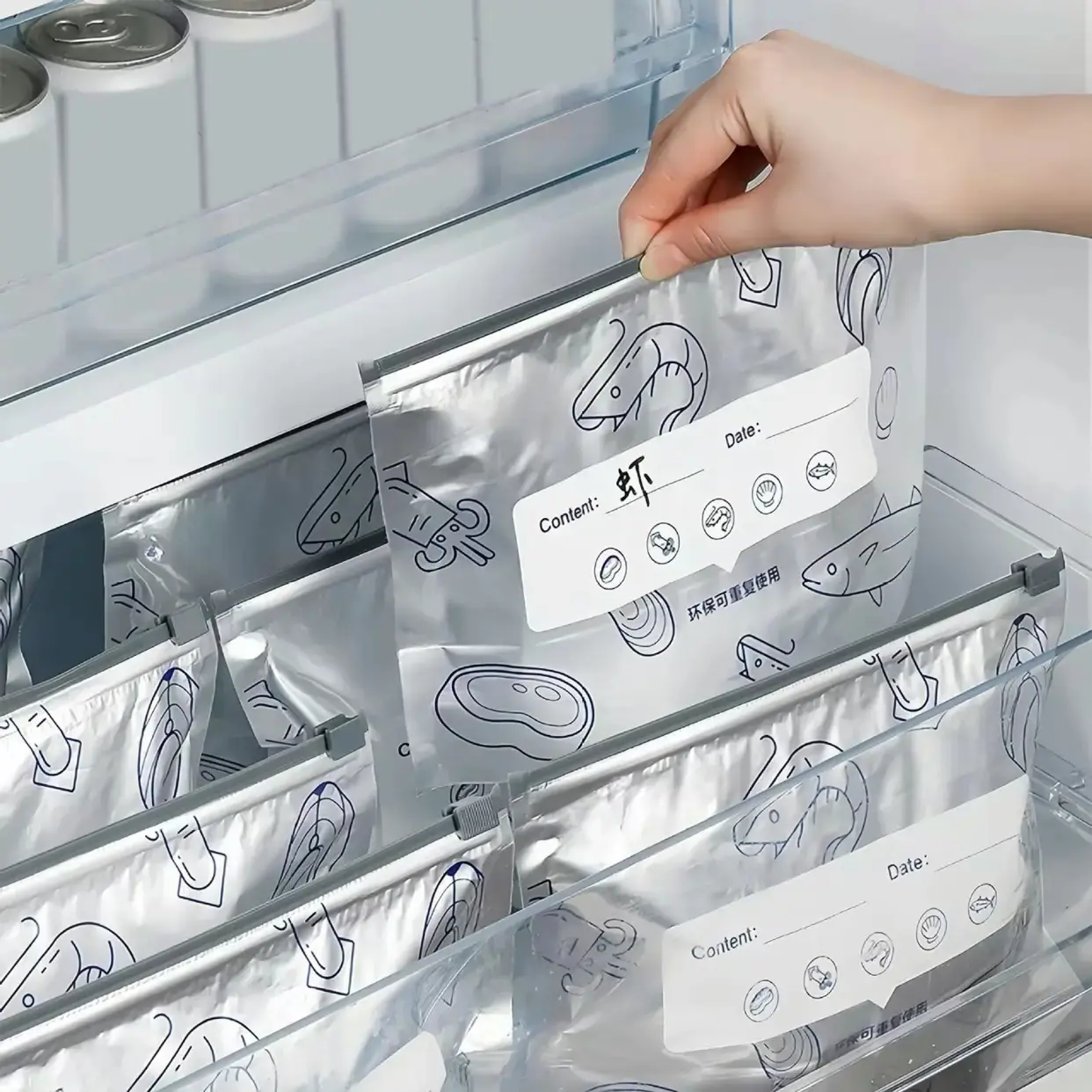 Reusable Aluminum Foil Sealed Storage Bags, Vacuum Zipper Bags for Food, Standing Foil Sealed Bags with Labels and Zip Locks, Reusable Snack Containers