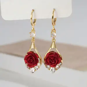 Rose Drop Earrings 14K Gold Plated Sparkling Crystal Tassel Design, Chic Elegant Fashion Jewelry Water Drop Earrings for Women 2026