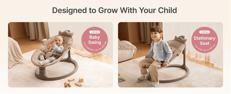 Momcozy 2-in-1 Electric Baby Swing, Dual-Arm Support System & Parent-Inspired Motions, Convertible to Toddler Seat up to 66 lbs, Adjustable Height, Lightweight, Khaki