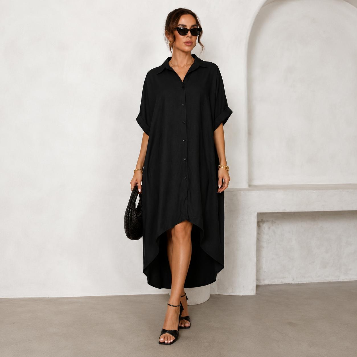 Elengatine Women Sexy Black Shirt Dress, Classic Turn Down Collar Button Up Dress, Short Sleeve Midi Dress with Curved Split Hem, Chic Baddie Aesthetic Streetwear, Casual Loose Flowy A Line Summer Sundress Elegant Polyester