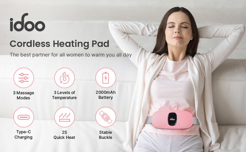 IDOO Portable Cordless Heating Pad, Valentines Day Gift, Triple Vibrating Waist & Abdominal Massager for Cramps Relief, 5S Fast Heating, Perfect Gift for Women, Period Cramp Solution, Endometriosis Pain Relief