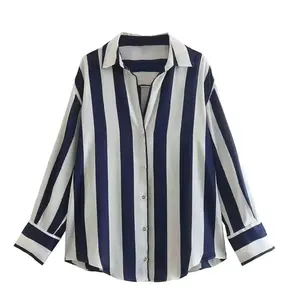 Blue Stripe Satin Shirt for Women - Blue & White Satin Blouse with Classic Button Front and Long Sleeves Striped Collared Top