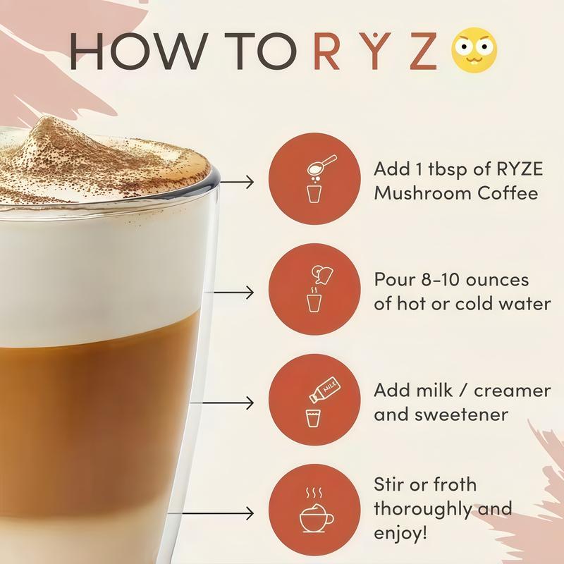 RYZE SUPERFOODS Mushroom Medium Roast Coffee USDA Organic with 6 Adaptogenic Mushrooms, USA Grown Instant Coffee for Better Energy, Focus Digestion Immunity with Lions Mane & Turkey Tail 30 Servings