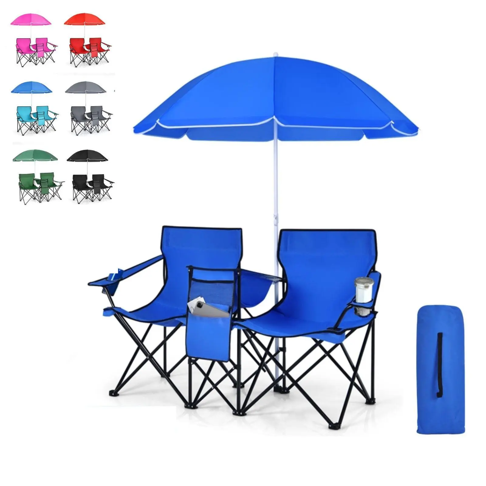 【Back to School】COSTWAY Double Portable Picnic Chairs, Folding Camping Chairs w/Detachable Umbrella, Cooler Bag, Cup Holders, Patio Beach Camping Chairs for Outdoors football baseball season,4th of july decor, dad gift