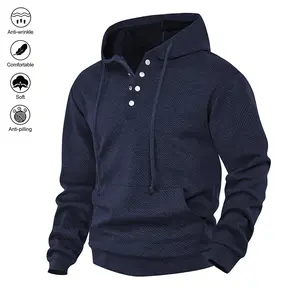 Men's Relaxed Fit Casual Trendy Hoodie - Comfortable & Breathable Sweatshirt; Features an Adjustable Drawstring Hood, Ribbed Cuffs, & Half-Button Front Placket; Perfect for Everyday Commutes.A must-have versatile piece for any man's wardrobe, perfect for