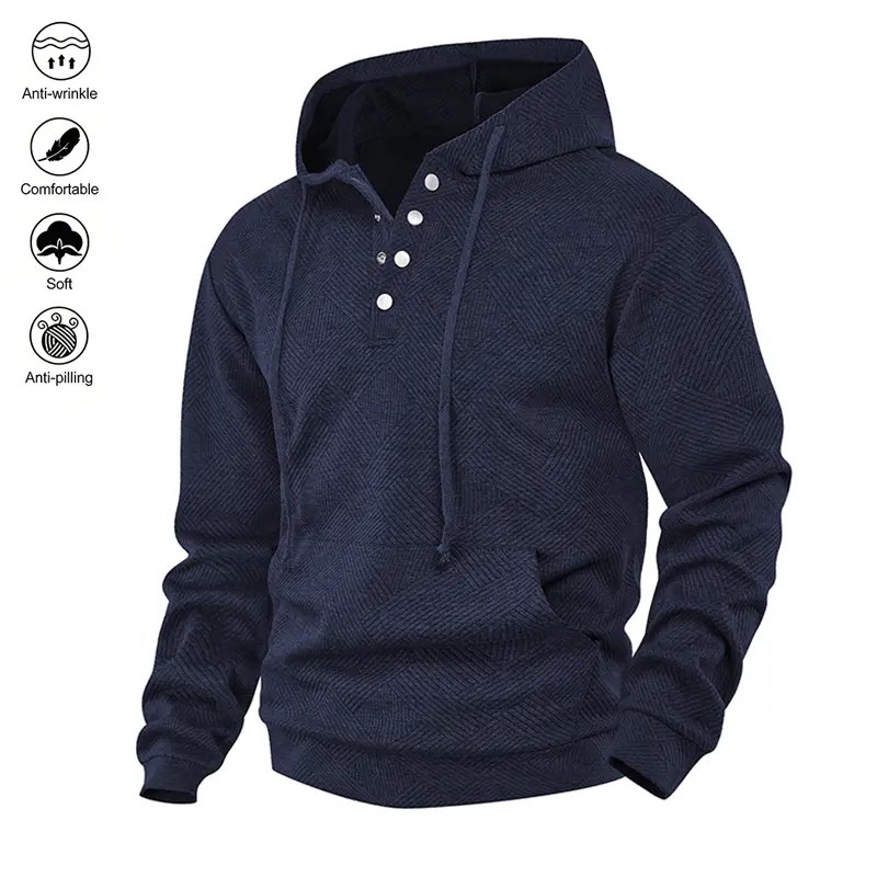 Men's Relaxed Fit Plain Long Sleeve Menswear Pullover Hoodie - Comfortable Breathable Tops with Adjustable Drawstring Hood, Ribbed Cuffs, Half-Button Front Placket; Ideal for Everyday Commutes, Versatile Wardrobe Staple