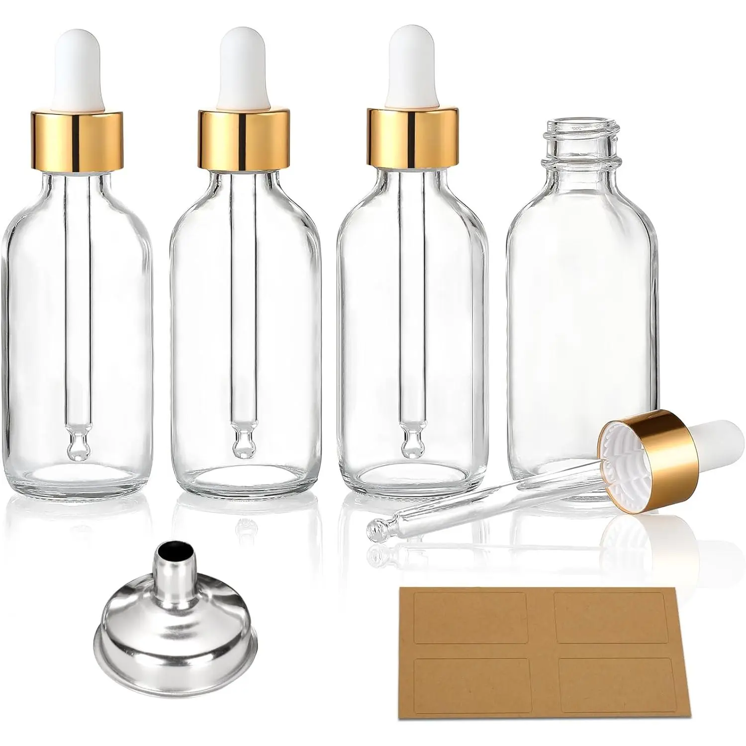 4 count, 1 oz Golden Cap Clear Dropper Bottles (30ml) with 1 Funnel & 4 Labels - Glass Tincture Bottles with Eye Droppers - Leakproof Essential Oil Bottles for , Personal Care & Beauty