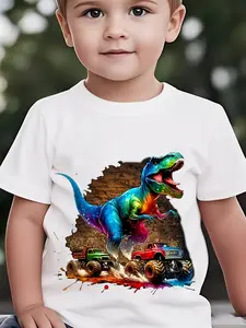 Rainbow T-Rex Dinosaur Monster Truck Kids T-Shirt Colorful Dino Vehicle Graphic Short Sleeve Cotton Tee for Boys Girls