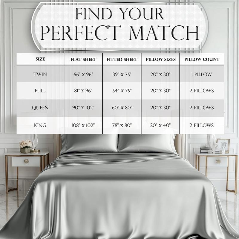 DECOLURE Satin Sheets 4 Piece - Hypoallergenic, Double Stitching, Wrinkle Free - Silky & Luxuriously Soft Satin Bedding with 15" Deep Pockets & Elastic Edges for Secure Fit - Bedset