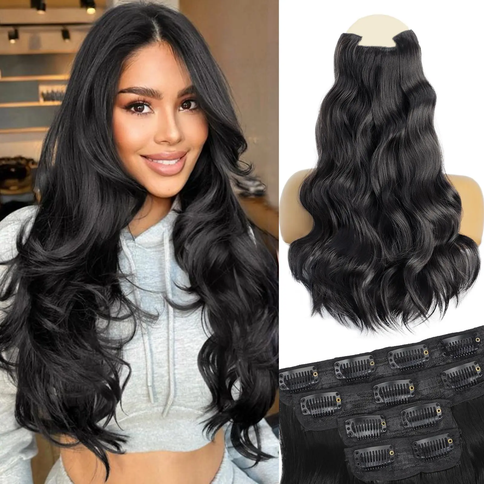 GEEOE Clip in Hair Extensions for Women, Long Wavy Premium Synthetic Hair, Soft Fashion Accessories for Instant Length, Ideal for Daily Use & Parties, Hair Extensions Clip In