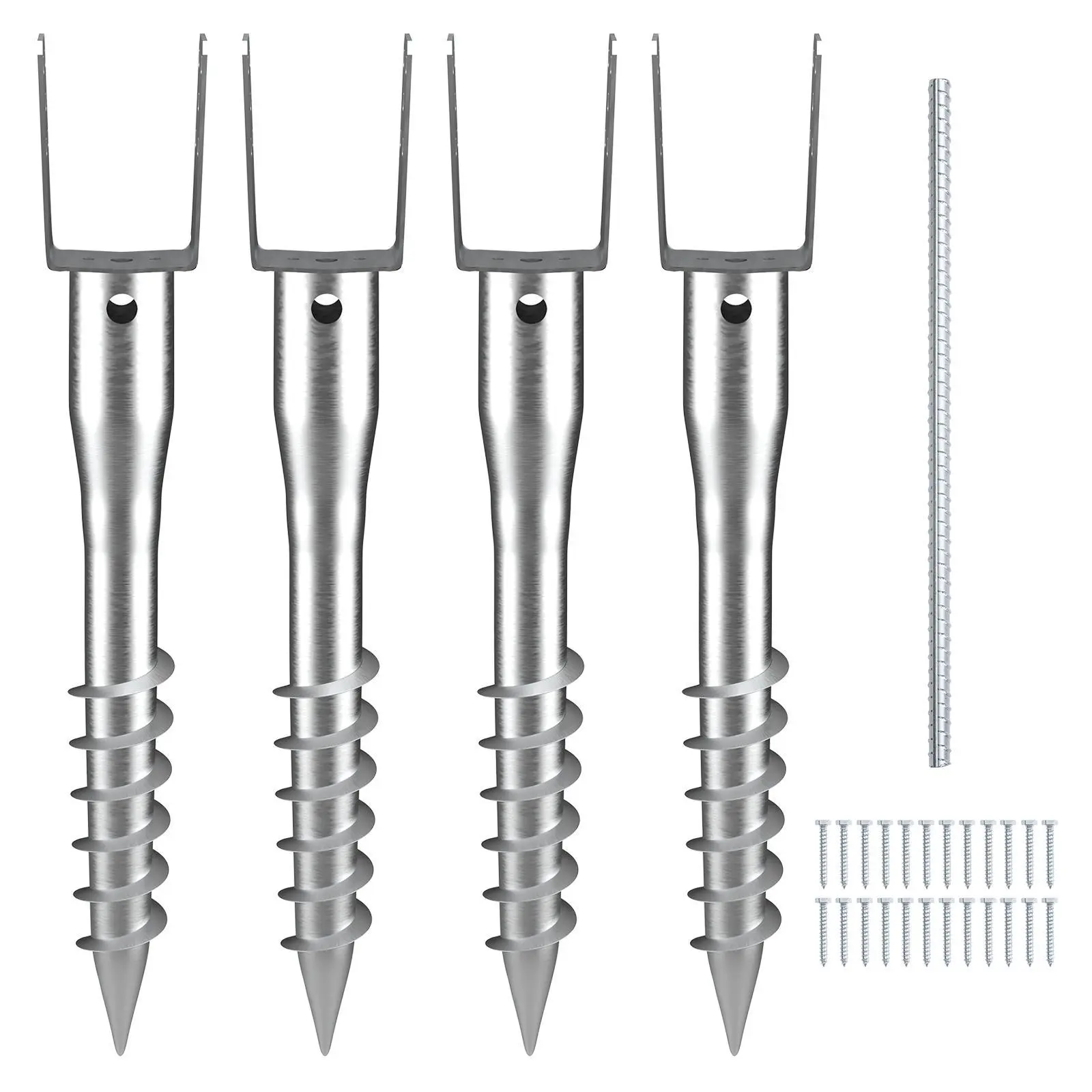 【FathersDayGift】VEVOR No Dig Ground Anchor,  , 4 Pack 3.94 x 2.76 x 27.56 in DIY Screw in Post Stake, Includes 6 Lag Bolts & a Rebar, U-Shape Heavy Duty Steel Post Holder, Great for Mailbox Posts and Fence Posts