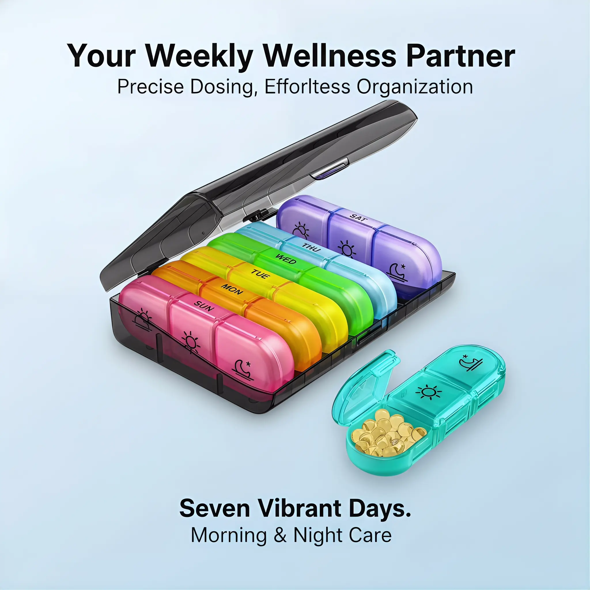 Never Forget Your Pills Again! Weekly Pill Organizer, 7-Day Daily Pill Box with Detachable Lid, Portable Medication & Vitamin Case for Travel. Stackable Clear Acrylic Storage Drawer lipstick brush skincare ike a Stainless Steel Universal Cleaning Shovel